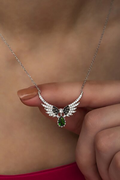 Nereze 925 Ayar Gümüş Yeşil Zirkon Taşlı Melek Kanadı Kolye