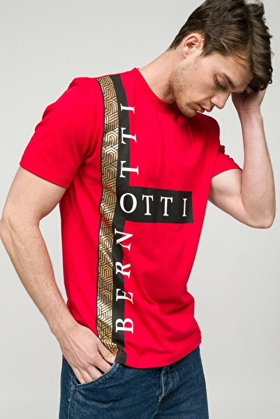 Sıfır Yaka Kırmızı Varak Emprime Baskılı Erkek T-Shirt