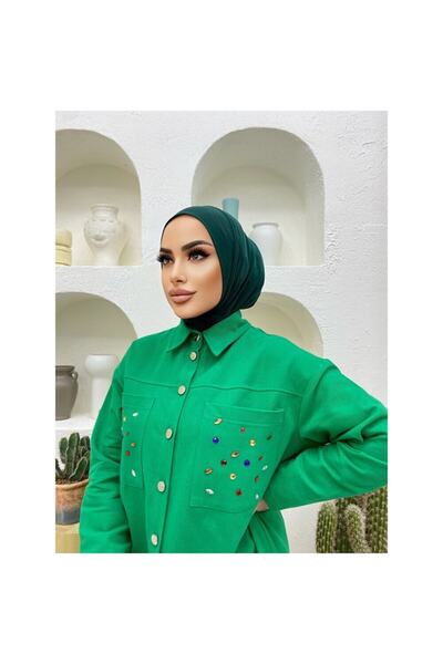 R&S modibone شال جاهز مزود بمشبك حجاب لون زمردي
