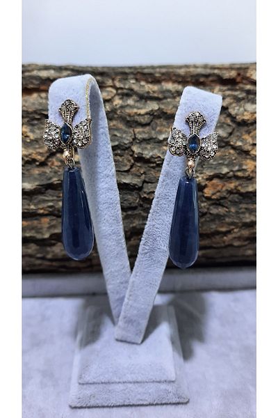 TMD AKSESUAR Navy Blue Zircon Stone Body Drop Stem in Bird Mouth Sapphire Natural Stone Ancient Earrings