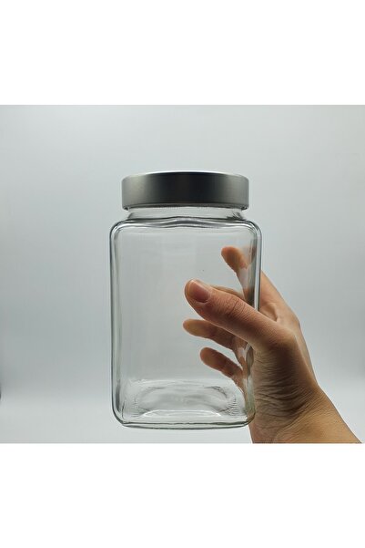 cambalaj 24 Adet (1 Koli) 1000 Cc Şeffaf Kare Cam Kavanoz Gümüş Derin Kapak