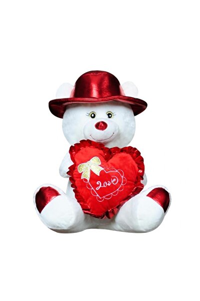 Genel Markalar Şapkalı Ayı 45 Cm Beyaz Kalpli Pelüş Ayı Sevgiliye Hediye