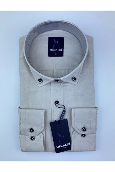 MEGALDİ Erkek Bej Slim Fit Spor Şamreli Düz Gömlek