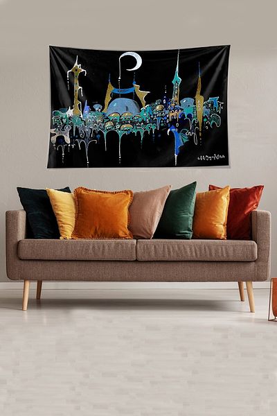 on the clouds Acuarelă Moscheea Istanbul Tema Ramadan Țesătură cu textura catifea rezistentă la pete Tapiserie Tapiserie Tapiserie