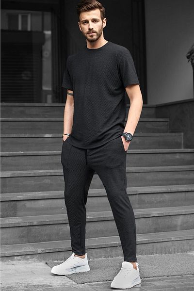 Madmext Schwarzes T-Shirt-Set aus Waffelstoff für Herren
