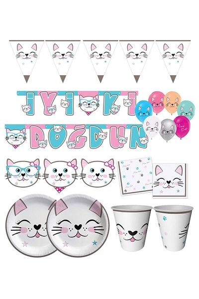 DÜVENCİ TİCARET 8 Person Miss Catt Cat Themed Birthday Set - M04