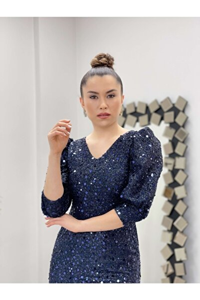 giyimmasalı Payet Kumaş V Yaka Elbise Lacivert