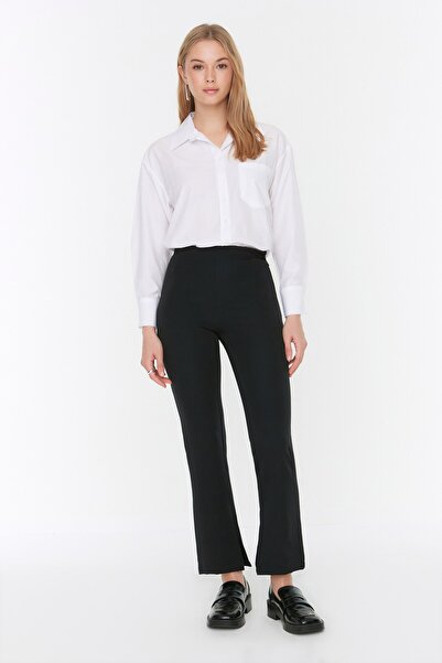 Trendyol Collection Černé Petite tkané kalhoty s vysokým pasem TWOAW22PL0243