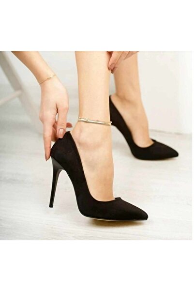 sweet girl Kadın Siyah Süet Stiletto Topuklu Ayakkabı Ince Sivri Burun