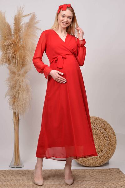 Neşeli Butik Kadın Kırmızı Baby Shower Şifon Hamile Elbise Hml003