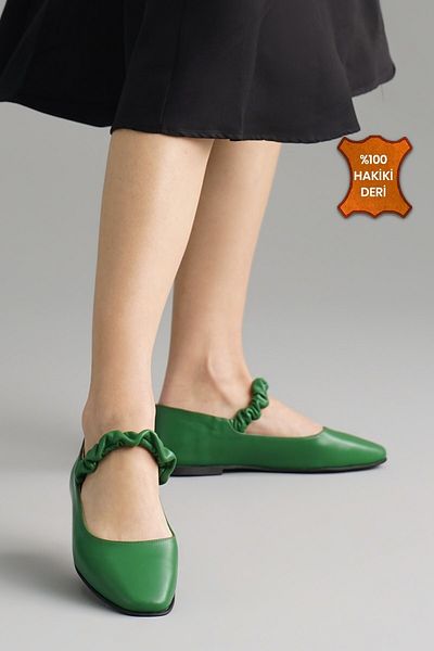 Mio Gusto Hailey Genuine Leather Green Women's Casual Ballerina Shoes