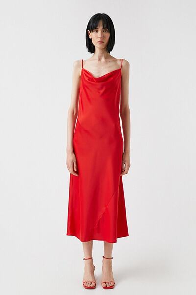 Koton Γυναικείο Μακρύ Φόρεμα Λουράκι Σατέν Flounce Γιακάς 2sak80120fw