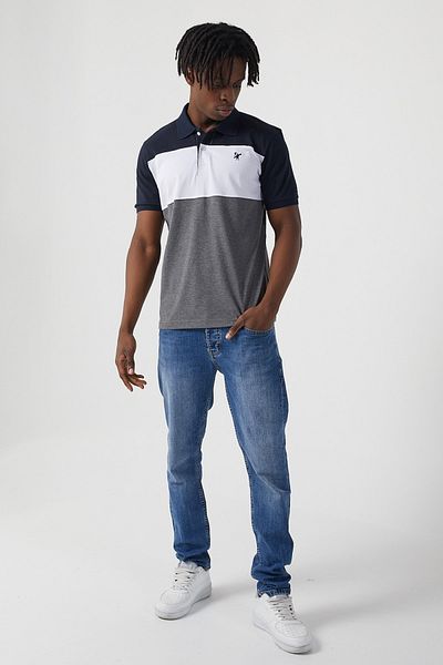 Sporting Men's Gray White Navy Blue Color Blocked Polo Collar T-shirt