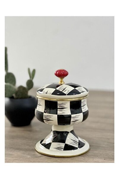 ACAR Plus Kitchen Beyond Damalı Siyah Krem Emaye Kapaklı Ayaklı Şekerlik 0518