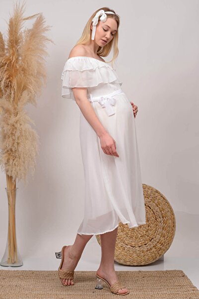 Neşeli Butik Women's White New Season Carmen Collar Chiffon Maternity Dress Hml8060
