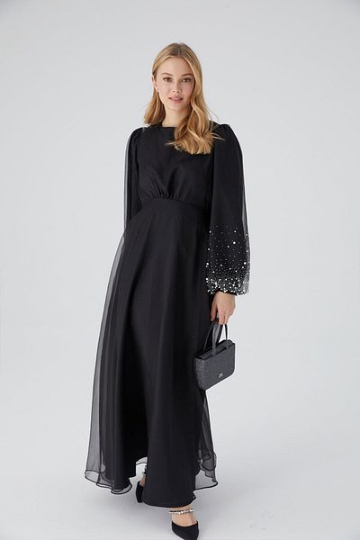 Manuka Stoned Organza Abendkleid Schwarz
