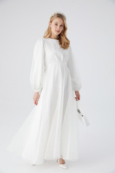 Manuka Stone Organza Abendkleid Ecru