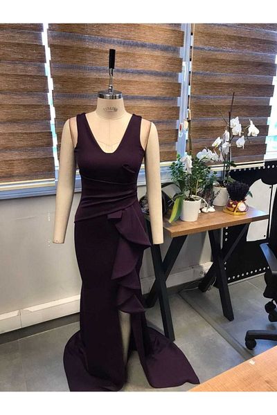 Secret Passion Lingerie Purple Flexible Fabric U-Neck Evening Dress and Graduation Dress with Flounce Waist Detail Slit 582054 676