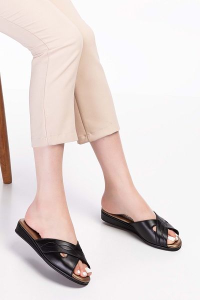 Gondol Papuci de casă eleganti, confortabili, din piele naturală pentru femei Kast.191 - Piele neagră - 38