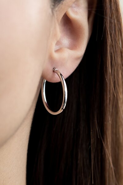 Cenova Jewelry 14 Ayar Altın Beyaz Renk Klasik Halka Küpe 23 mm