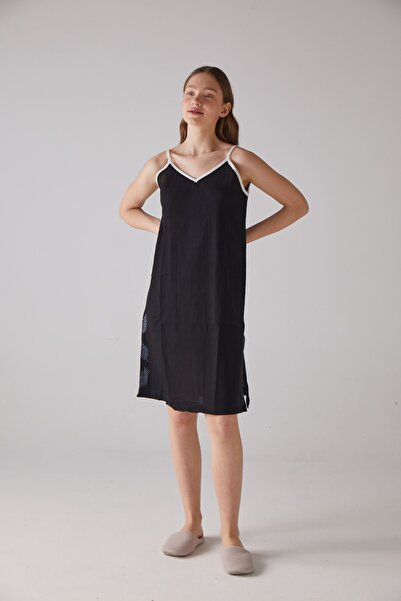 Handarte Nature ثوب نوم نسائي أسود مصنوع من القطن بنسبة 100%