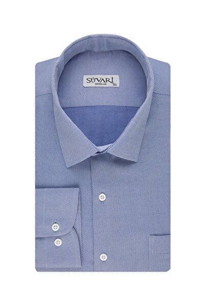 SÜVARİ Classics Rahat Kalıp Mavi Armür Desenli Cepli Gömlek