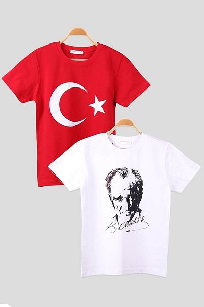 Muraty Ataturk And His Signature Crescent Star Flag Printed Combination Combed Cotton Children Youth White Red T-shirt