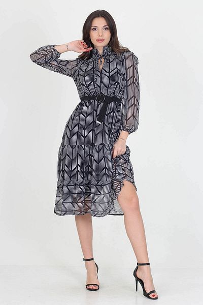 Neşeli Butik Γυναικείο πουά φόρεμα σιφόν με ζώνη με πουά ώμου και γιακά μίντι μήκους Nb0005