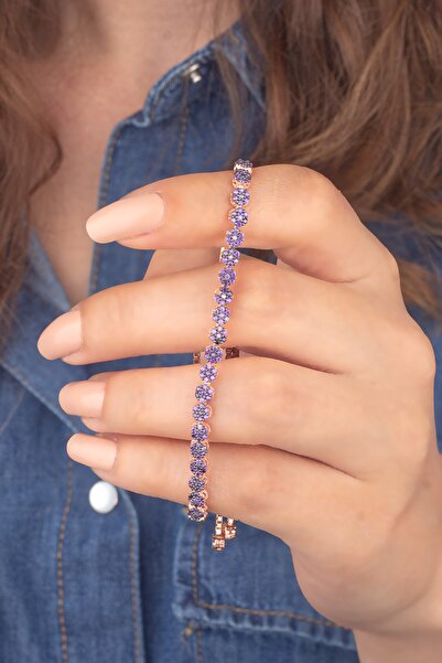 Miavi Silver 925 Ayar Gümüş Ametist Taşlı Papatya Asansörlü Bileklik