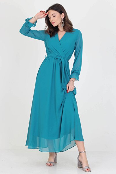 Neşeli Butik Kadın Yeni Sezon Astarlı Kruvaze Yaka Uzun Şifon Elbise Nb003