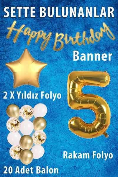 Patladı Gitti Gold Concept 5 Years Birthday Celebration Set; White Gold Confetti Balloon, Number Star Foil and Banner