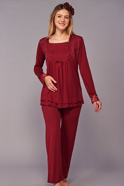 Flora Lace Maternity Maternity Pajamas Set Claret Red