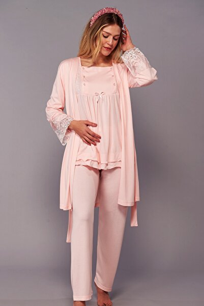 Emose طقم بيجامة وسروال صباحي للنساء الحوامل بلون مسحوق