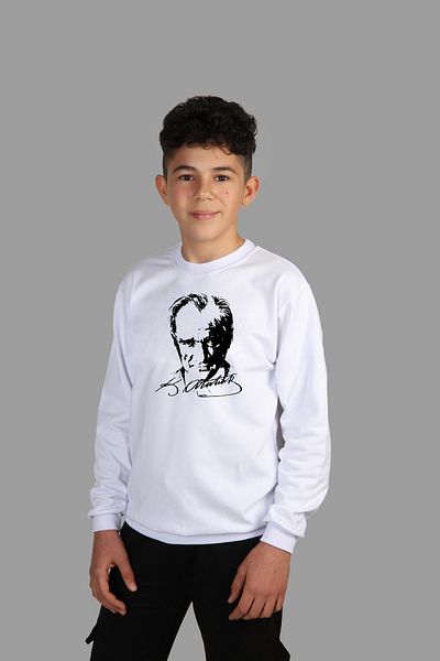 Raf Coll Hanorac alb pentru copii cu gât crew Ataturk imprimat digital