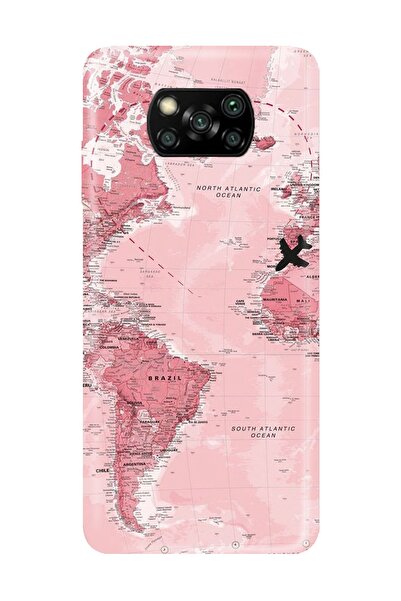 PERAX Xiaomi Poco X3 Nfc Dünya Haritası Desenli Pembe Telefon Kılıfı Pocox3nf...