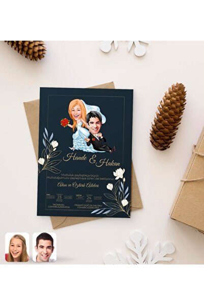 BK Kişiye Özel Karikatürlü Düğün Davetiyesi Model 40 100 Adet