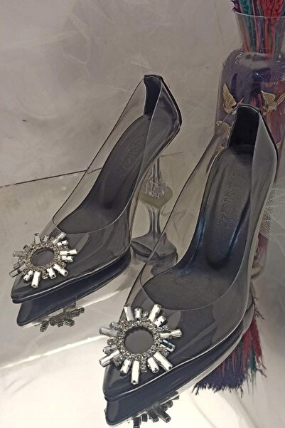 TrendyAnka Women's Princess Black Goblet Transparent Heeled Crystal Stone Stiletto Pointed Toe Evening Dress Shoes