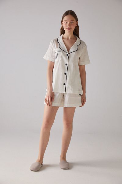 Handarte Nature Women's Cotton Tree Printed Special Design Leaf Patterned White Short Pajamas Set