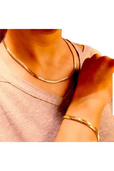 Bay hediye Sarı Altın Kaplama Yassı 319l Çelik Italyan Unisex Kolye Ve Bileklik Set
