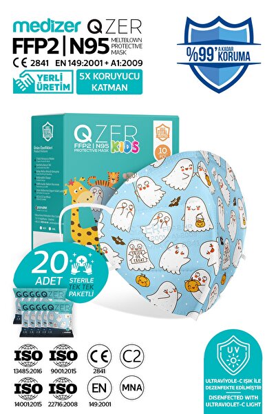 Medizer Qzer 20 Adet 5 Katmanlı Sevimli Hayalet Desenli Çocuk N95 Maske