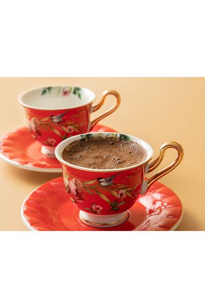 English Home STD Vanilla Porselen 2'li Kahve Fincan Takımı 90 Ml Kırmızı Klasik