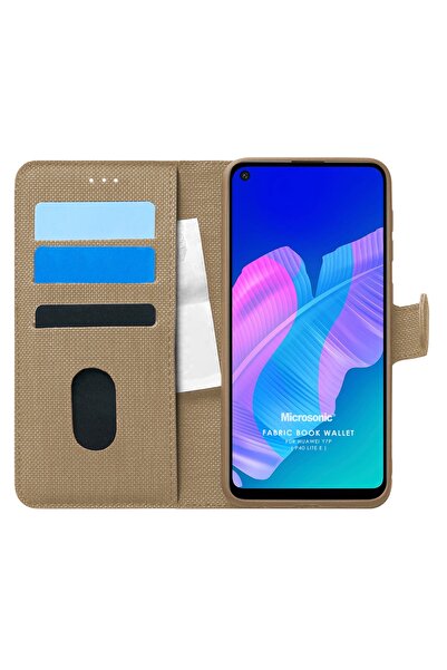 Microsonic Huawei P40 Lite E Kılıf Fabric Book Wallet Gold