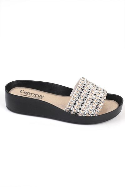 Capone Outfitters Capone 7517 Nut Silver Women's Single Strip Wedge Heel Slippers
