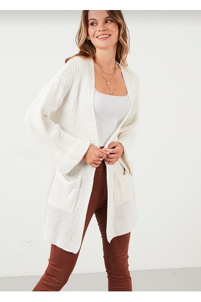 Nazende Stil Lässiger Ecru-Strick-Cardigan für Damen mit gefalteten Ärmeln und Taschen