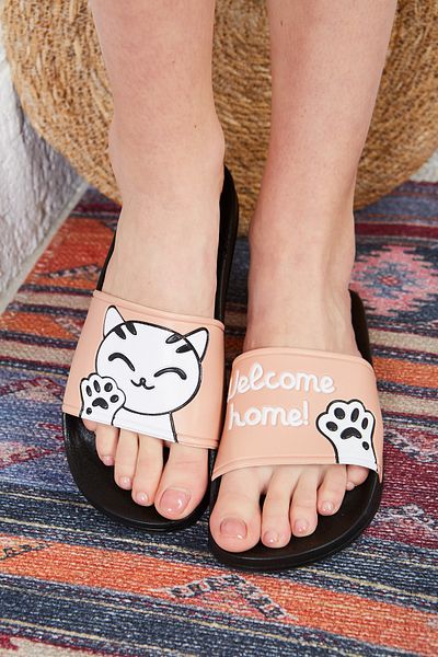 ALTUNTAŞ Women - Girls Welcome Home Cat Printed Non-Slip Sole Beach Pool Outdoor Slippers Model Salmon