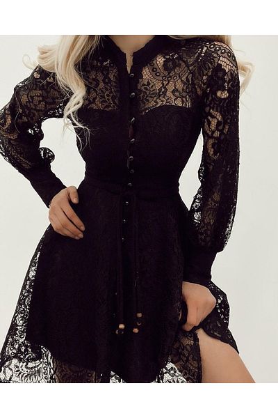 rengamoda Rochie de mireasă de absolvire din guipur, neagră, cu mânecă balon, căptușită cu nasturi