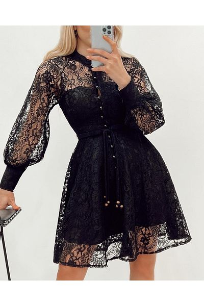 rengamoda Rochie de mireasă de absolvire din guipur, neagră, cu mânecă balon, căptușită cu nasturi
