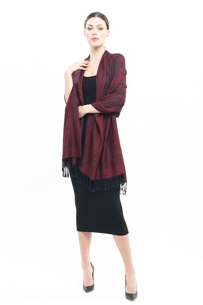 K&B PASHMINA Shawl - Pashmina Wool - 70x180 Cm - Black Claret Red - Polyester Free