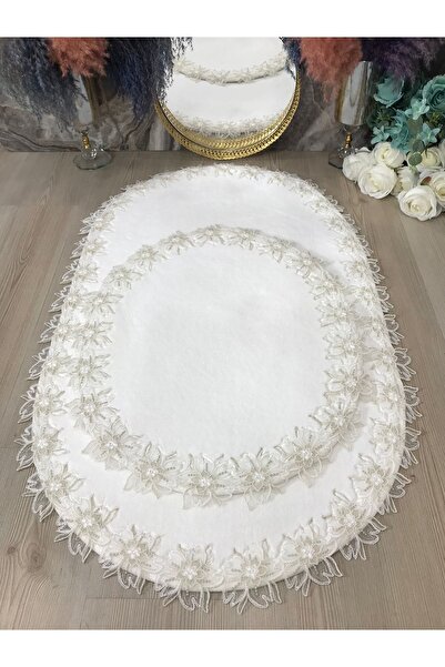 Kumru Çeyiz 2'li Güpürlü %100 Pamuk Halı Taban Banyo Paspası