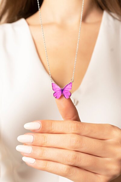 Violansia 925 Ayar Gümüş Mineli Mor Renkli Kelebek Kolye